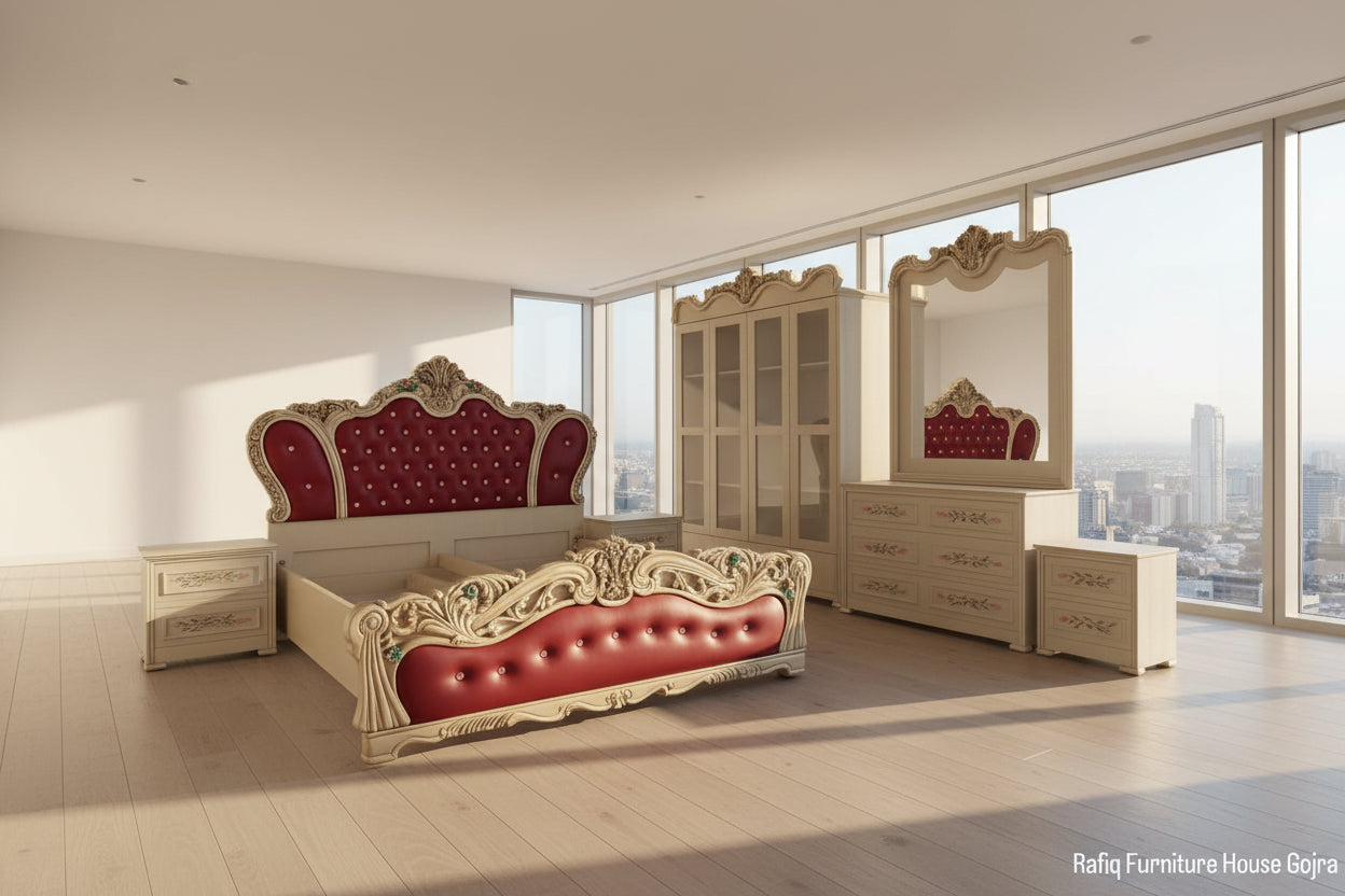 bed with two side table and drsssing