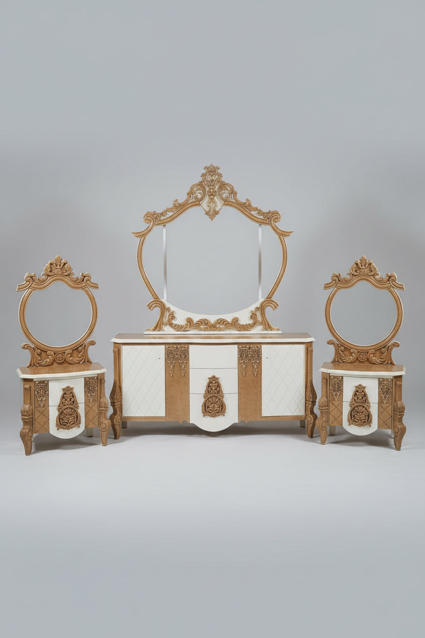 Luxury Carved Bedroom Set with Mirror Frame Side Tables – Rafiq Furniture House