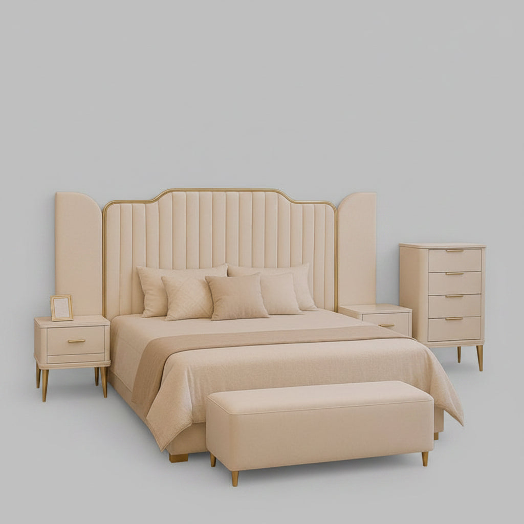 Luxury Wooden Bed with 2 Side Tables & Dressing Table
