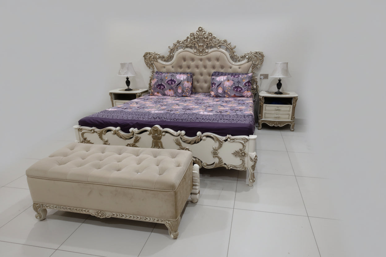 Luxury Wooden Bedroom Set – Bed, Dressing Table, 2 Side Tables, 2 Chairs with Coffee Table & Couch