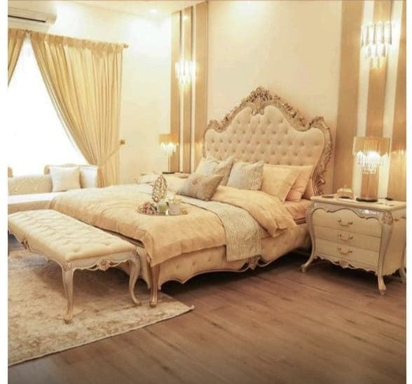 Hand Made Carving Bed Dressing Set | Dressing + 2 Curved Side Tables + Foot Sider | Rafiq Furniture House