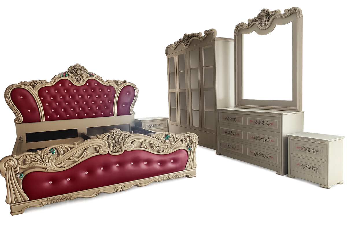 bed with two side table and drsssing